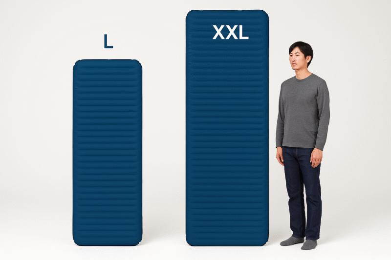 L/XXLサイズの実寸モック比較と成人男性とのスケールイメージ