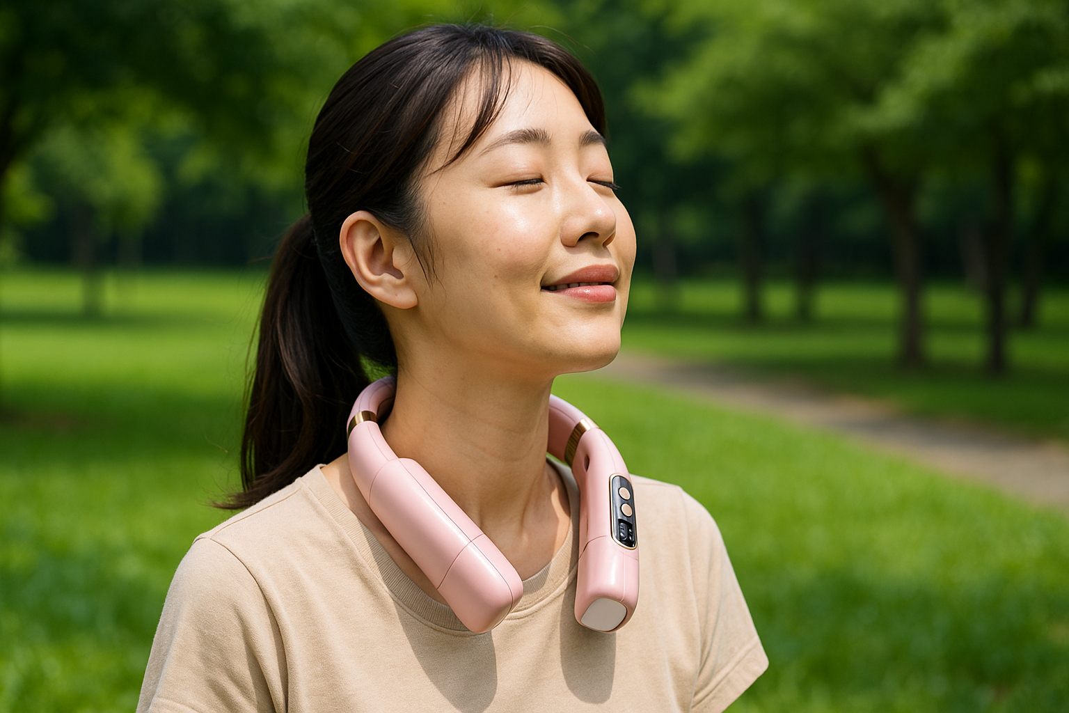 屋外で涼しそうにネッククーラーを装着している女性（日本人）、背景は夏の公園