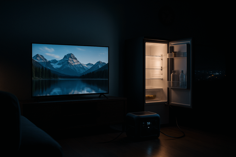 UPS稼働中、真っ暗な部屋でTVと冷蔵庫が点灯している様子イメージ