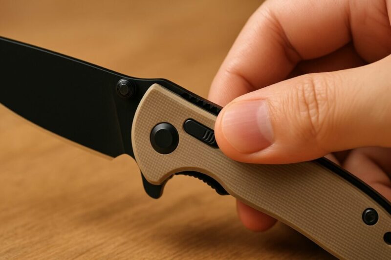 Axisロックの解除手順と安全な指位置が分かる、ベージュG10風ハンドルの折りたたみナイフのクローズアップ写真。