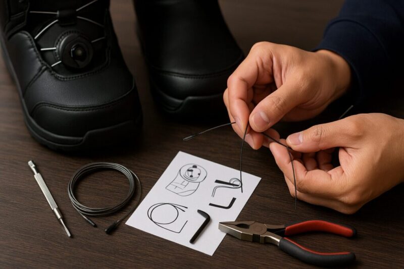 BOAワイヤー交換を行う手順を示す、工具と部品の静物写真。