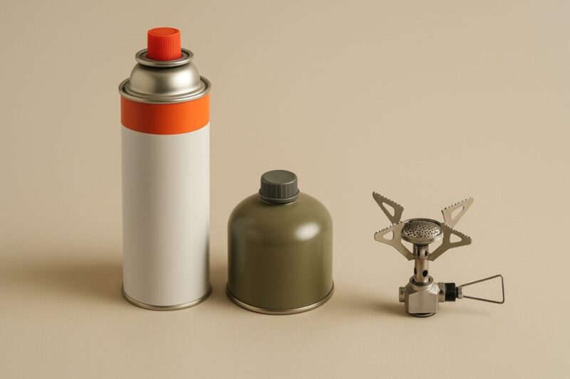 CB缶とOD缶、小型バーナーを柔らかな照明で撮影した無地の比較イメージ。