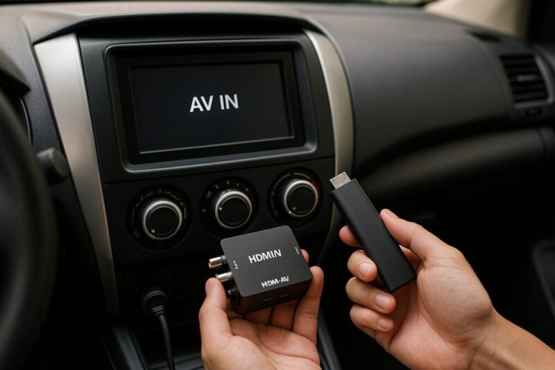 HDMI端子のないカーナビ画面に「AV IN」が表示され、手元にはHDMI-RCA変換アダプターとスティック型ストリーミング端末を持っている。変換アダプターを使ってFire TV Stickを車に接続するイメージ。