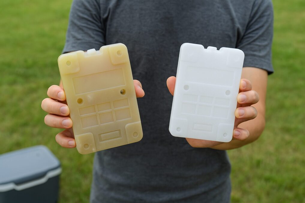 氷点下パックを持つ手元＋溶けた保冷剤との対比イメージ