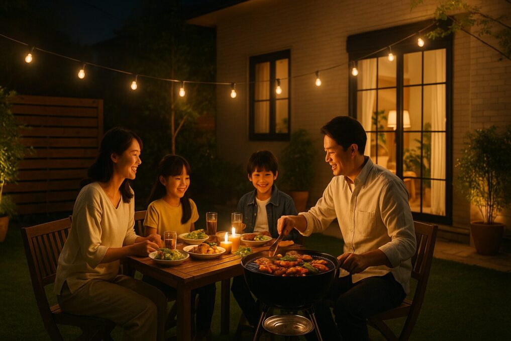 庭でおしゃれにBBQを楽しむ家族と夜のライトアップ空間イメージ