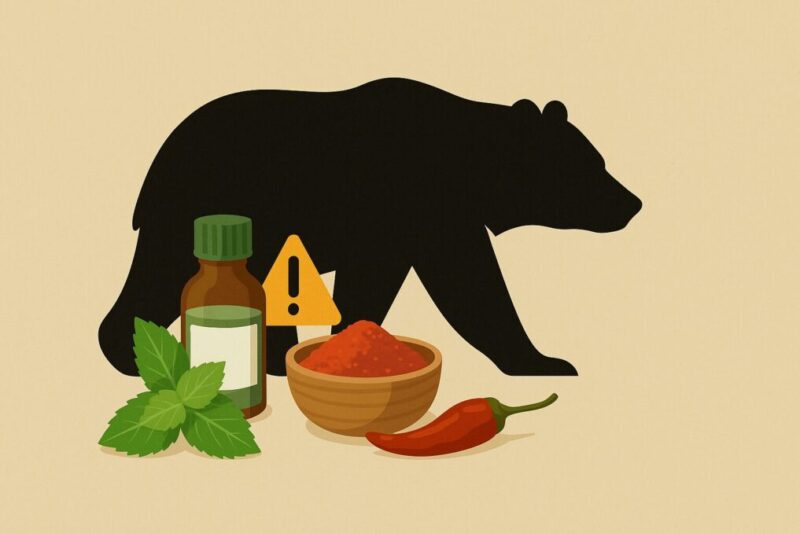 ハッカ油やスパイスとクマのシルエットを組み合わせたイラスト