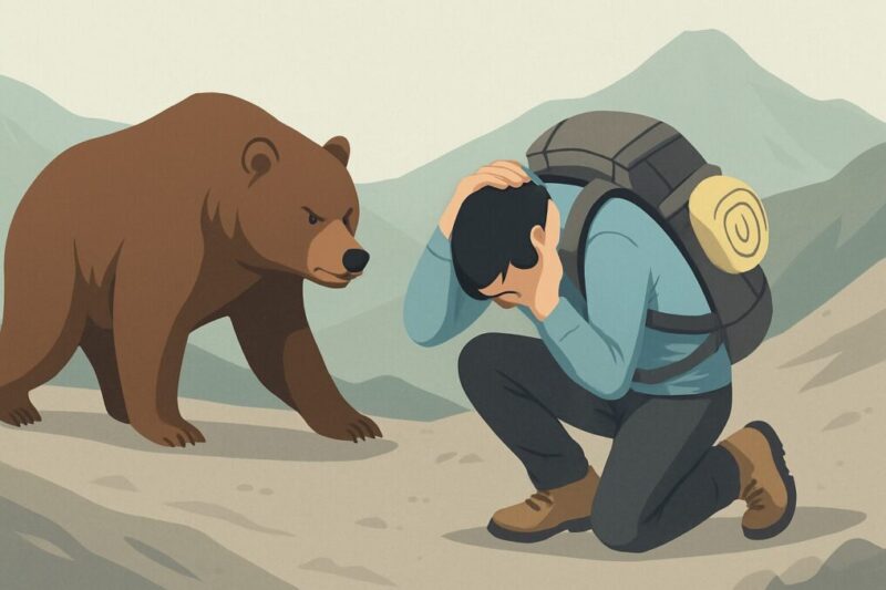登山中に防御姿勢をとる人のイラストイメージ