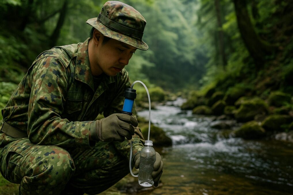自衛隊の隊員が山中で携帯浄水器を使って川の水をろ過している場面イメージ