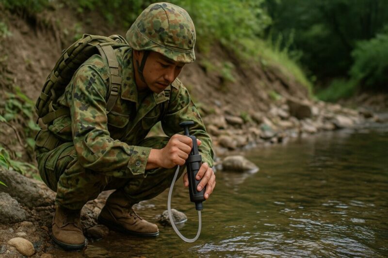 「迷彩服の隊員が訓練地で浄水器を使って水をくむシーン」イメージ