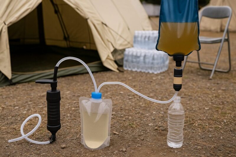 「避難所や災害現場で使われている携帯浄水器と、簡易的なろ過システム」イメージ
