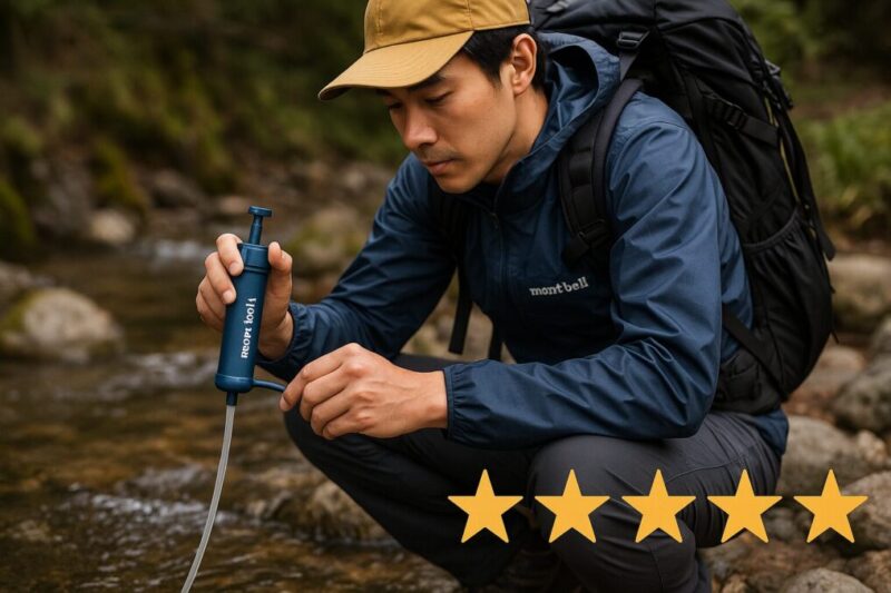 「モンベルの浄水器と登山者が使用している様子」+「レビュー星評価のイメージ」