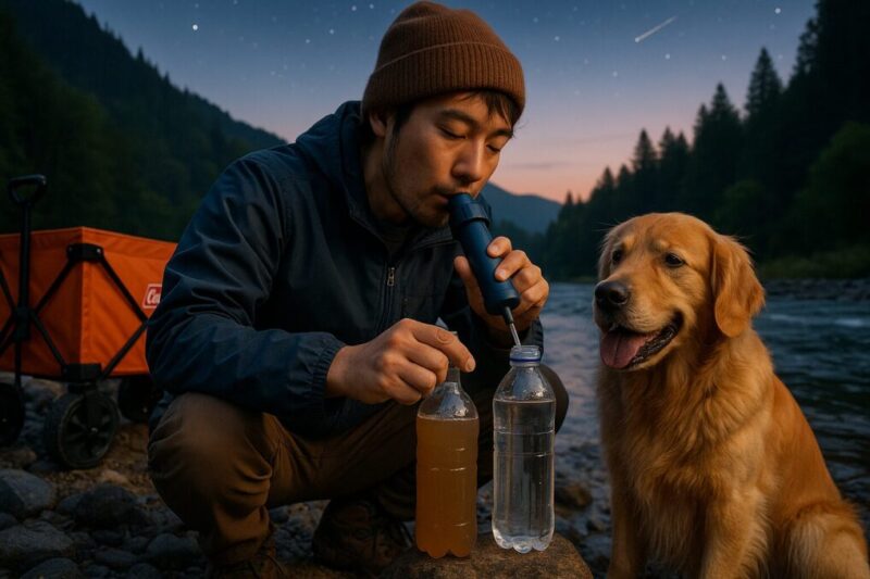「山奥の川で浄水器を使用している様子と、ろ過前後の水の比較ビジュアル」イメージ