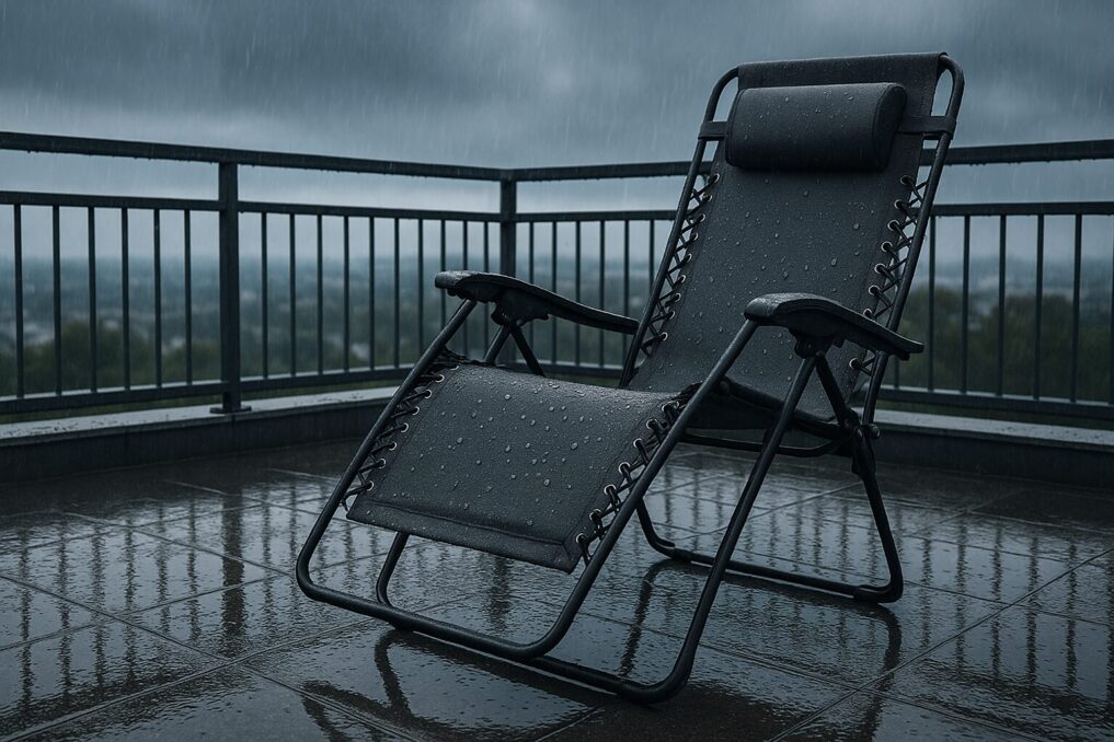 インフィニティチェアが雨に濡れたベランダに置かれている様子イメージ