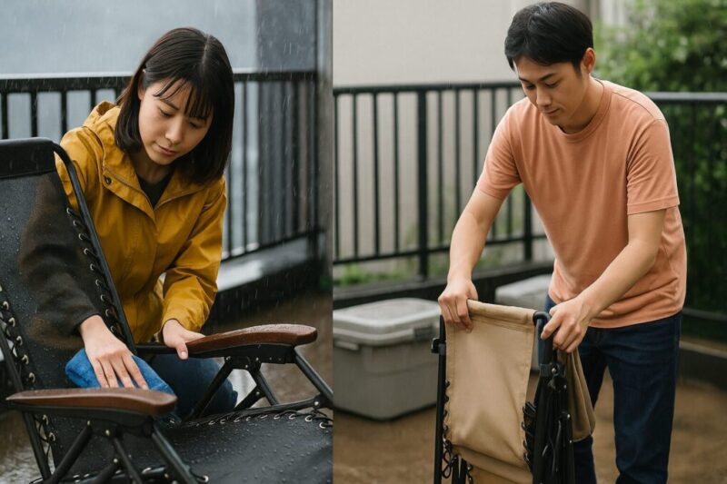 濡れた椅子を拭いている人と折りたたみ収納している人イメージ