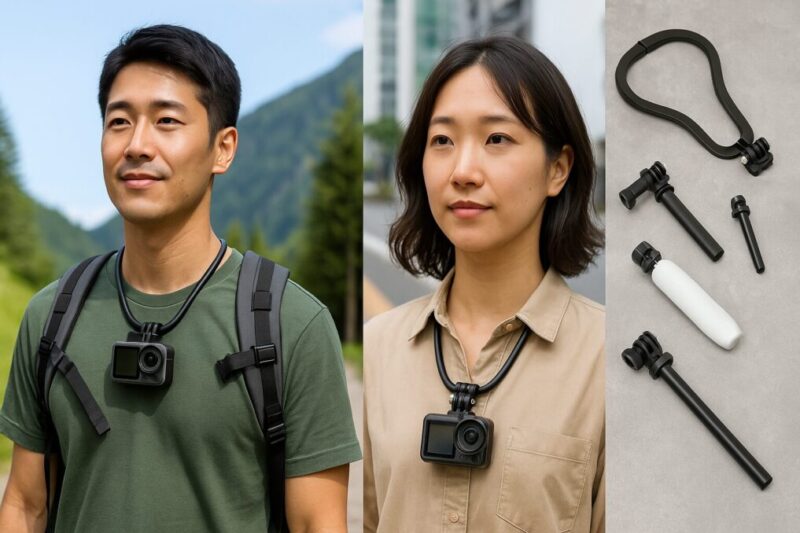 Osmo Action 4を首からぶら下げ、登山や街歩きで使っている人物の写真。横に対応アクセサリーが並んでいる構成。イメージ