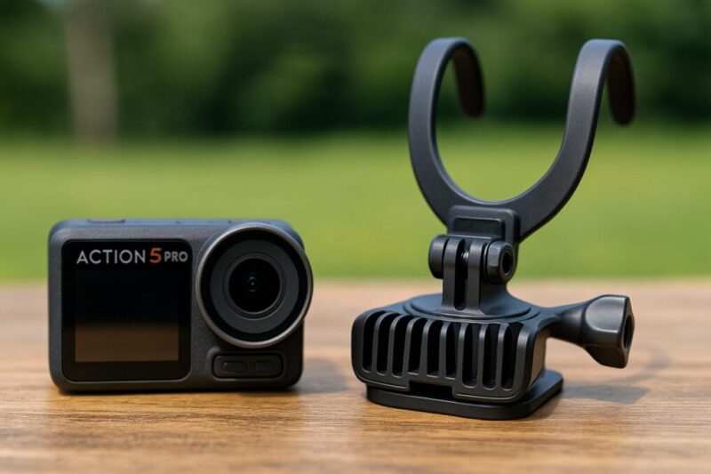 Osmo Action 5 Pro本体と、ネックマウント(冷却フィン・角度調整あり)のアップ写真。熱の放出や固定構造が強調されている。イメージ