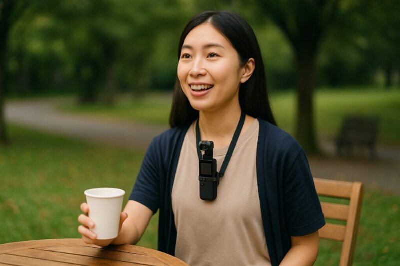 Osmo Pocket 3を専用アダプターで首にかけて撮影している女性。カフェや公園でVlog中のシーン。イメージ