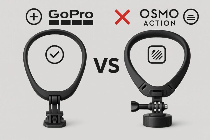 GoPro純正ネックマウントとOsmo Action用マウントを並べ、互換性×印、純正マーク、質感比較などをアイコン化した図。イメージ