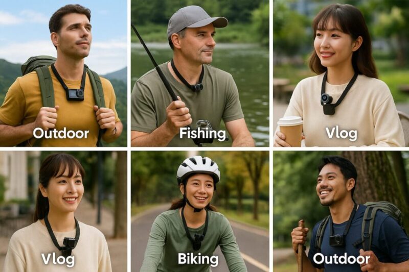 5種類のネックマウントをそれぞれ「アウトドア」「釣り」「Vlog」などシーン別に使用中の写真を並べた構成。イメージ