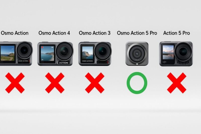 DJI Osmo Actionシリーズの全機種を横並びにして、○×でネックマウント対応を示したマトリクス表のビジュアル。イメージ