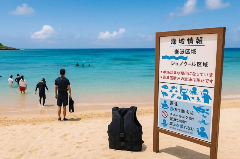 沖縄の観光地ビーチ。観光客が海に入る直前の様子イメージ