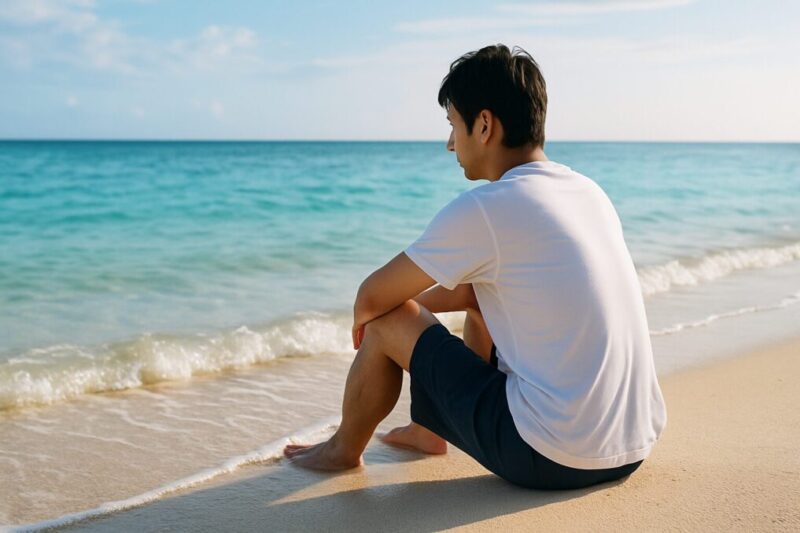 波打ち際にしゃがんで素足を海につけている日本人男性の後ろ姿イメージ