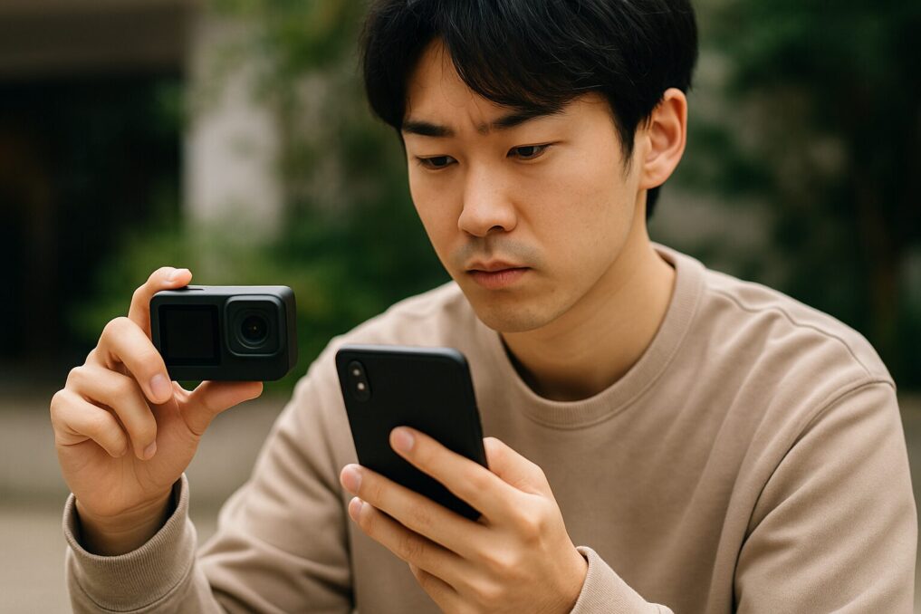 アクションカメラとスマホが接続できずに困っている人がスマホ設定を見直しているシーンイメージ