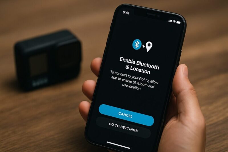 GoProアプリにBluetoothと位置情報の許可を促す設定画面イメージ