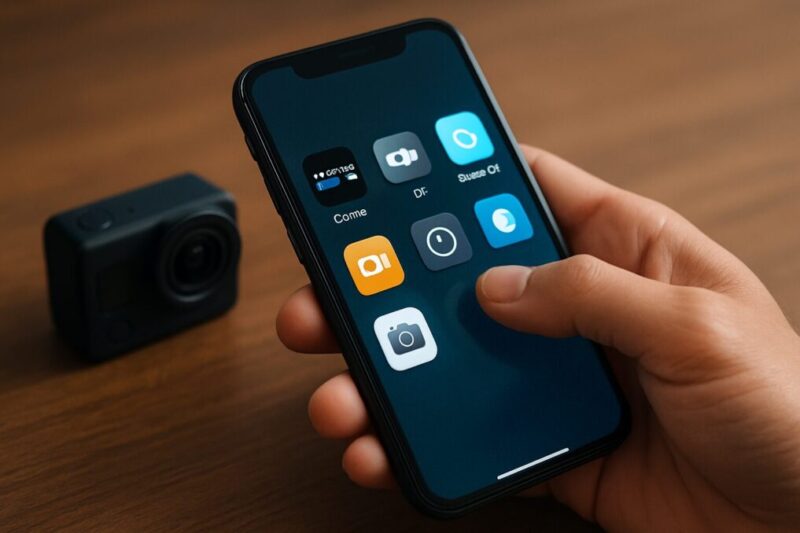 複数のアプリアイコン(GoPro、iSmart DVなど)をスマホで比較しているイメージ