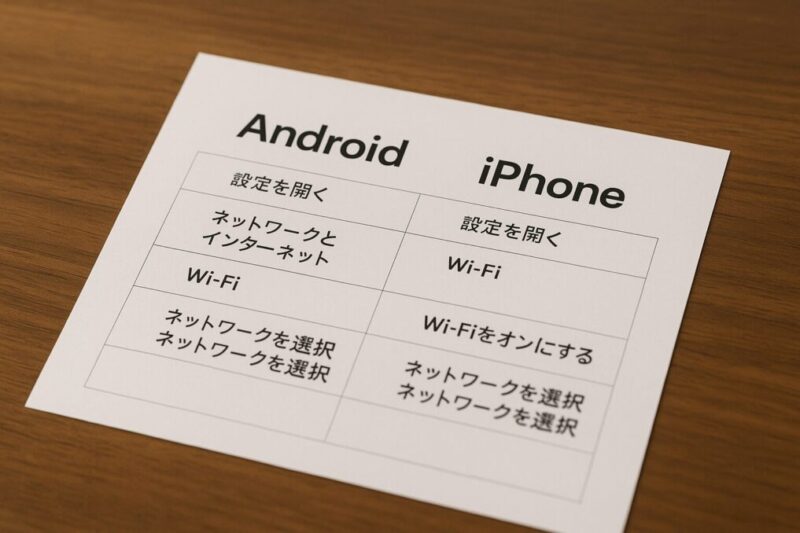 Android・iPhoneのWi-Fi接続手順が並んだ比較イメージ