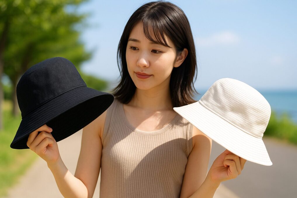 UVカット帽子（黒系と白系の2種類）を手に持って比較する構図イメージ