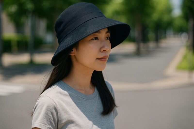 強い日差しの下、濃色の帽子(黒・ネイビー)をかぶった日本人女性が歩いているイメージ