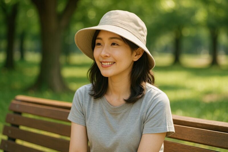 帽子をかぶった女性が、木陰のベンチに座り涼しげに微笑む構図イメージ