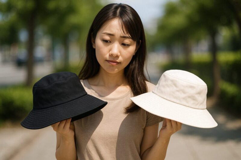 UVカットツバ広帽子白帽子と黒帽子を手に持った状態でどちらがいいか悩んでいる日本人女性イメージ
