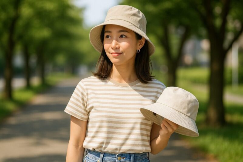 日本人女性がベージュ・カーキ・ライトグレーなどの帽子を着こなし、夏のカジュアルファッションと自然に馴染むようなコーディネートで立っているイメージ