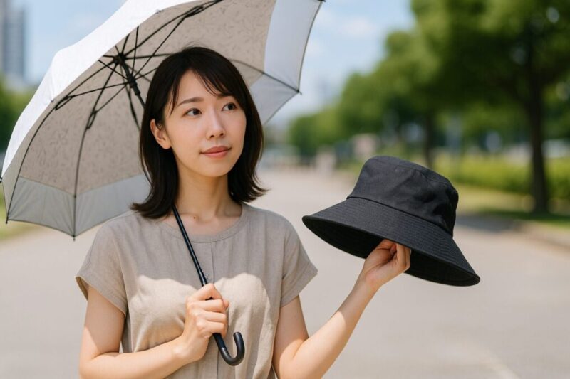 日本人女性が片手に日傘、もう片手に帽子を持って比較している様子イメージ