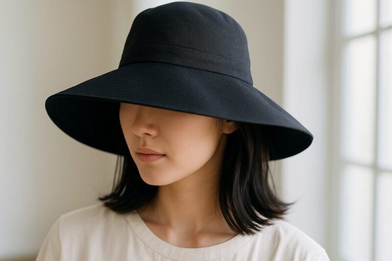 日本人女性が7㎝以上のツバ広帽子をかぶり半分顔が隠れている構図イメージ
