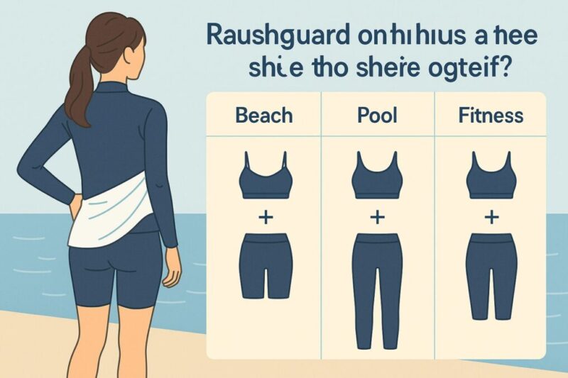 「海・プール・フィットネス」など用途別コーデを表にしたフラットデザイン風の図解イメージ