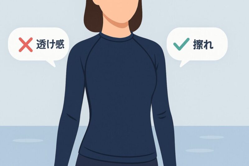 透け感と擦れの注意点を吹き出しで示したフラットデザインのインフォグラフィック