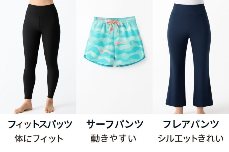 フィットスパッツ・サーフパンツ・フレアパンツを比較したレイアウトイメージ