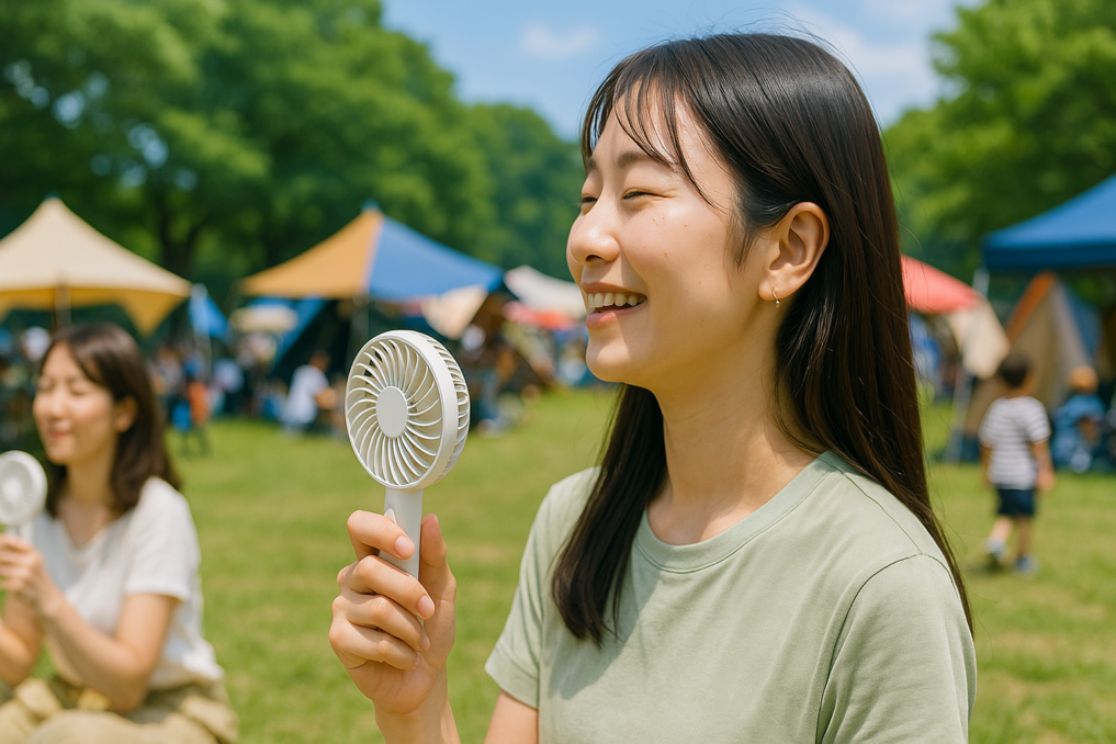涼しさを感じさせる屋外（フェスやアウトドア）でAujenファンを使っているイメージ