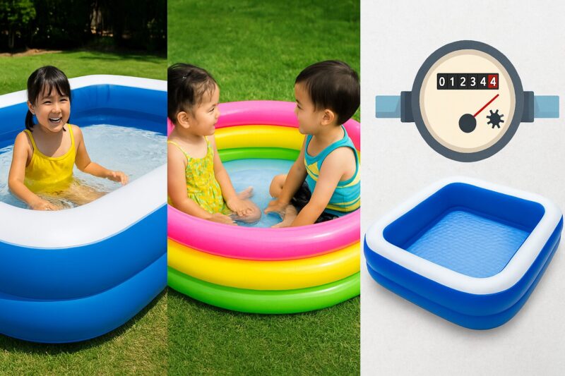 サイズ別の家庭用プール3種と水量メーターの図解イメージ
