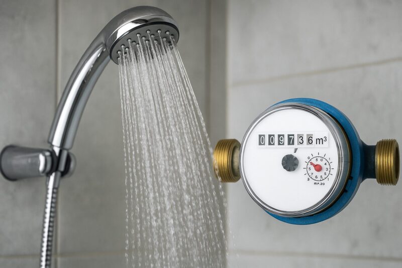シャワーの水出しっぱなしのシーンと水量メーターの写真イメージ