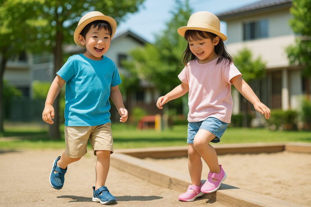 園庭や街中でIFMEウォーターシューズを履いて遊ぶ子どものイメージ（夏・普段履き）