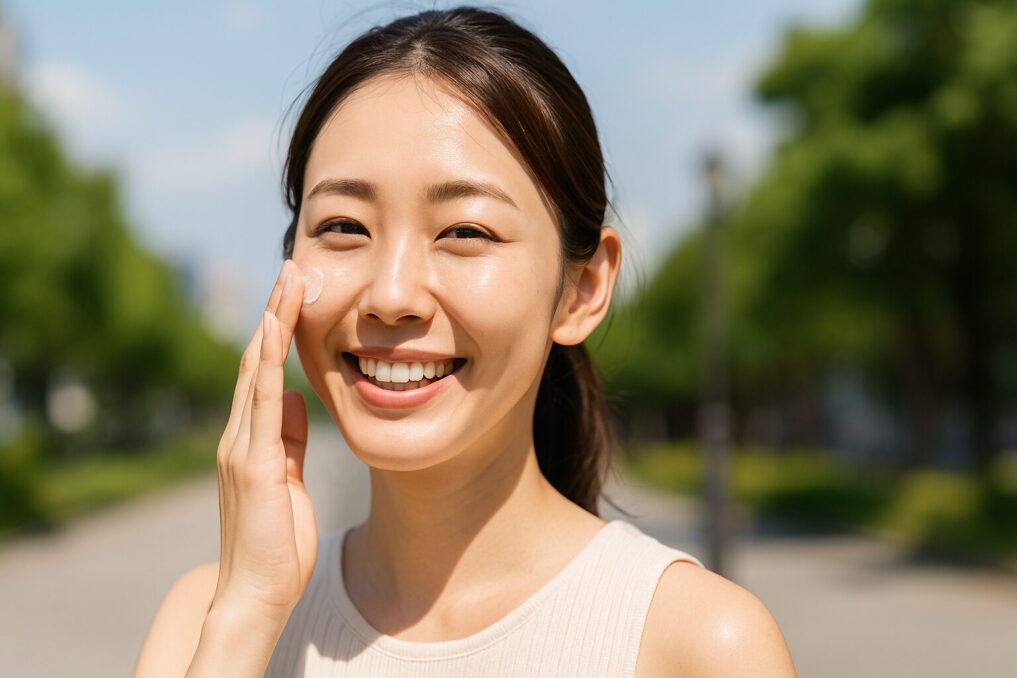顔に日焼け止めを塗っても白くならない笑顔の日本人女性イメージ