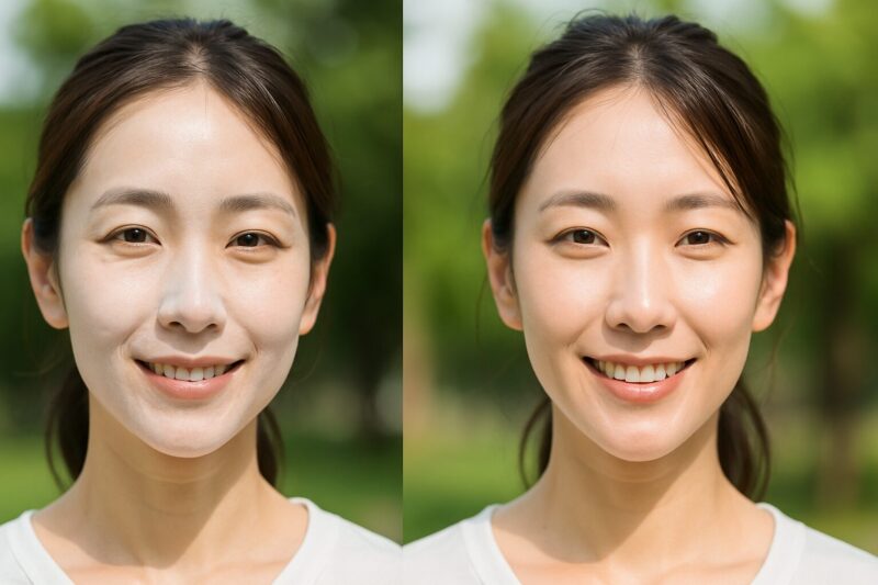 白浮きした顔と透明UVを塗った顔の比較画像イメージ