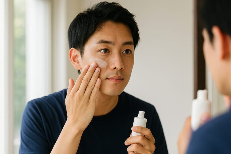 男性が日焼け止めを塗って鏡で確認している様子イメージ