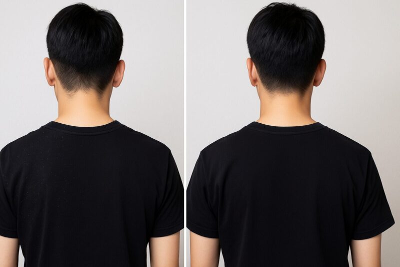 黒いTシャツに粉がつかないことを示す比較画像イメージ