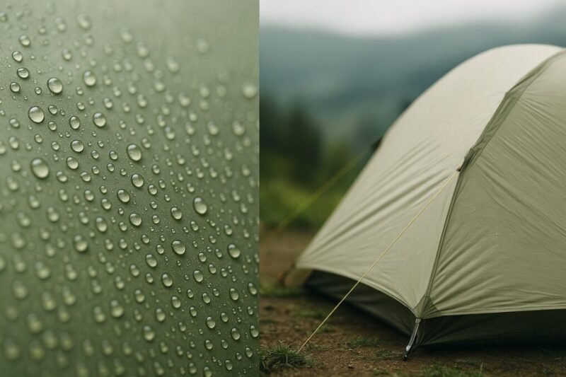 雨粒が弾かれているフライ表面のクローズアップと、張り綱のテンションが分かる側面写真。イメージ