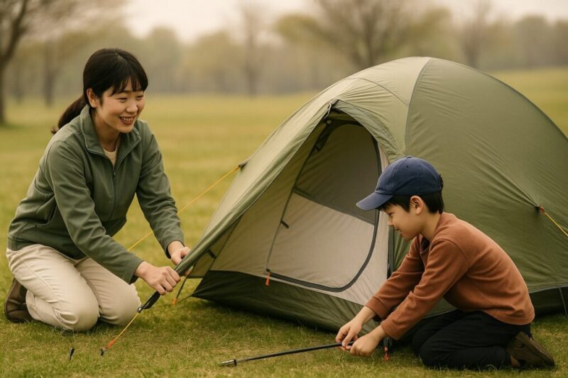 芝地で親子が設営を楽しむ様子。イメージ